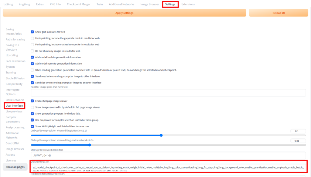 Automatic1111 Stable Diffusion Web UI Quicksettings | Kombitz